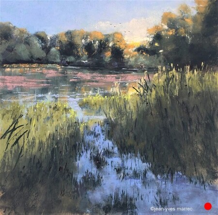"Ombre et lumière sur l'étang" pastel sec 35x35 cm   VENDU
