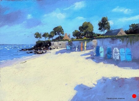 "La plage de Beg-Meil tranquille" pastel sec 63x26 cm  VENDU